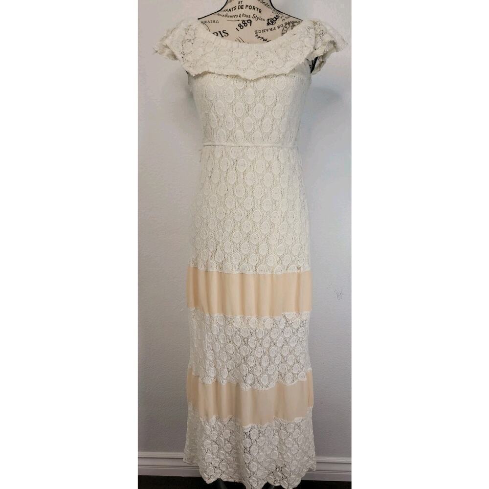 Flying Tomato Slip Maxi Dress SZ S Crochet Off Shoulder Semi Sheer Fisherman